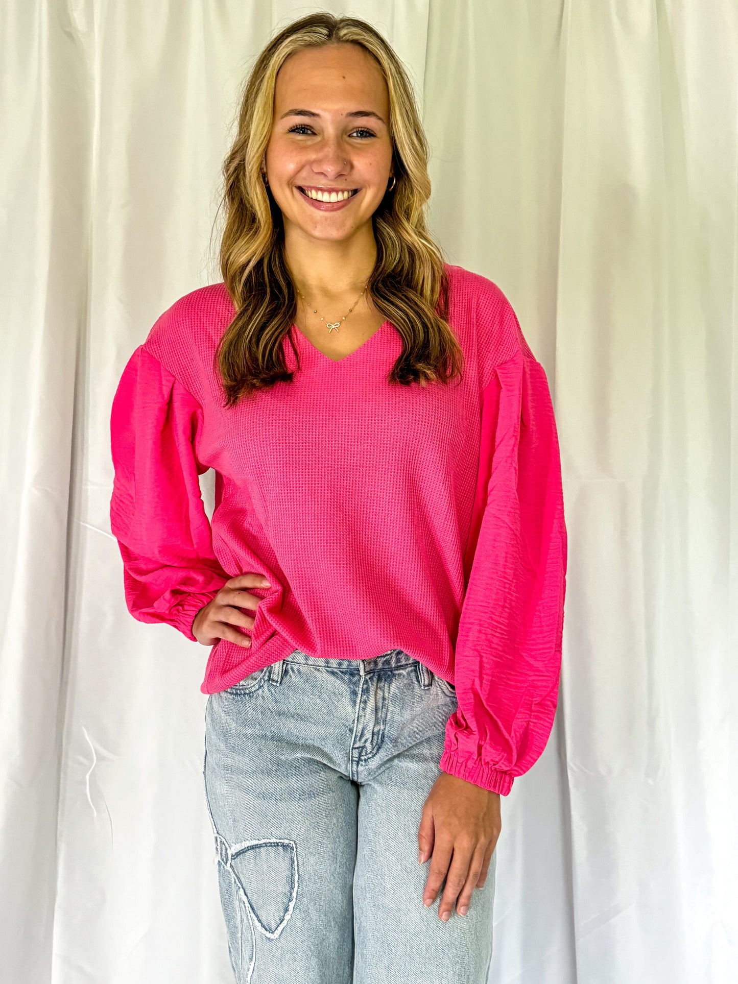 Pink Balloon Sleeve Blouse